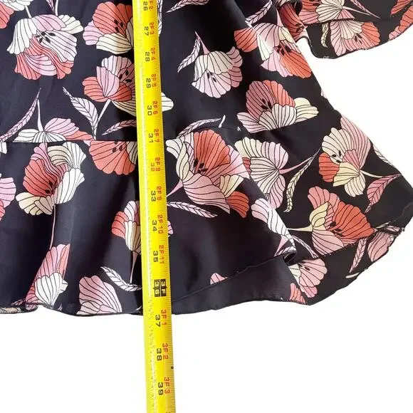 Who What Wear Dress Size L Black w/ Pink Cream Orange Floral Pattern Bell Sleeve - Picture 9 of 12